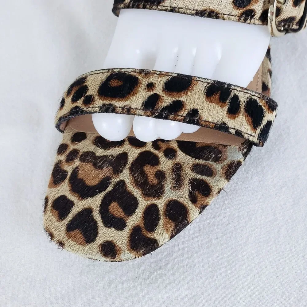 J.Crew Resort Vacation Calf Hair Leopard Sandals Womens 9 Ankle Strap Buckles